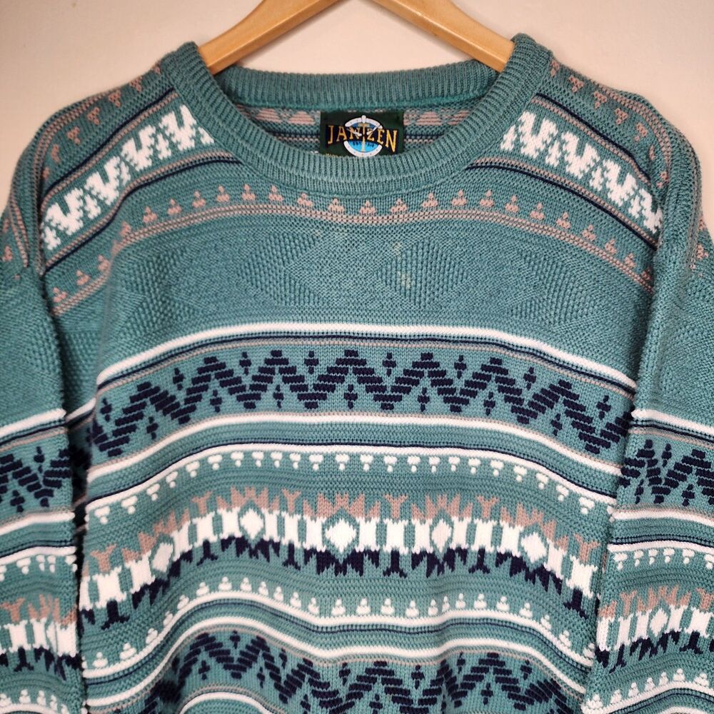 Vintage 90s Jantzen Sweater Mens Large Teal Green Geometric Southwestern USA - Picture 2 of 11